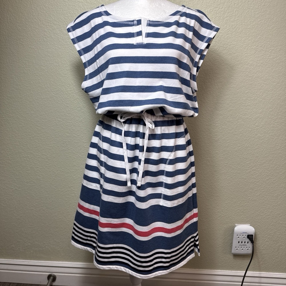 T by Talbots Blue White Striped Drawstring Waist French Terry Shift Dress L
